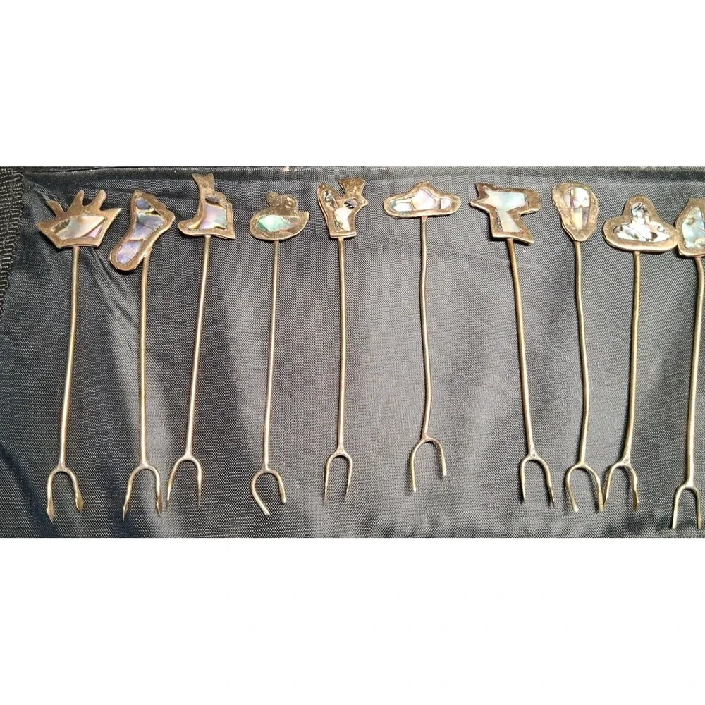 22 Vintage Mexican Alpaca Silver Cocktail Forks/Picks with Abalone Inlay